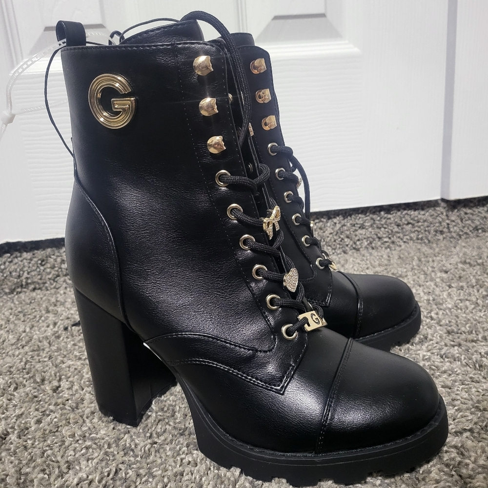 Brand New Never Worn - Guess Black Leather Ankle Boots with Gold Accents